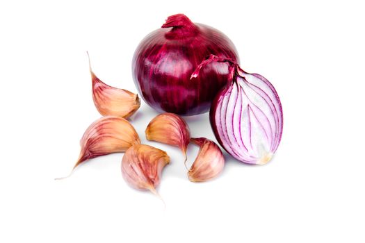 Red onion, garlic and half slice on white isolated background with reflect.