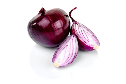 Red onion and half slice on white background with reflect.