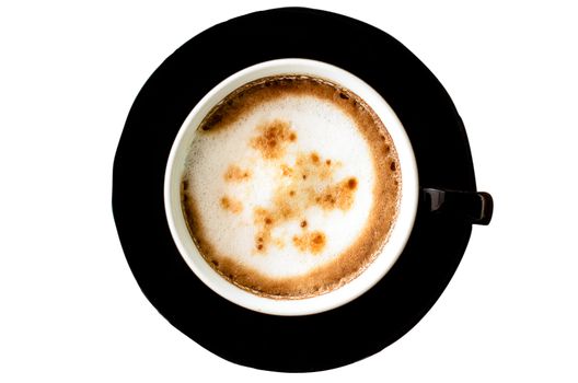 A Cup of Cappuccino Coffee with black plate isolated on white background.