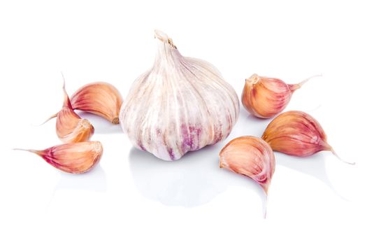 Garlic isolated on white background with reflection.