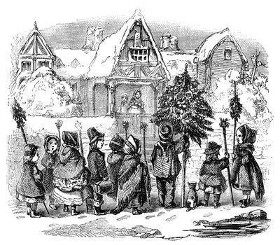 An engraved illustration drawing of children singing Christmas Day morning carols  from a vintage Victorian book dated 1878 that is no longer in copyright