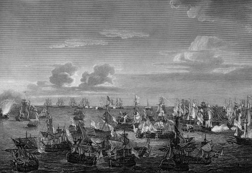 An engraved  illustration image of  the Battle of Trafalgar, at which Admiral Lord Horatio Nelson defeated Napoleon Bonaparte's fleet in 1805, from a vintage Victorian book dated 1884 that is no longer in copyright