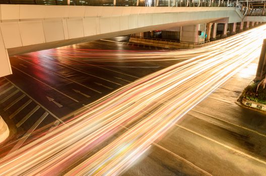 The light of car on the road with traffic jam at night in Bangkok Thailand.