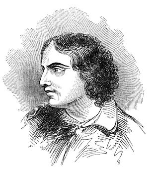 An engraved vintage illustration portrait drawing of John Keats, the famous English poet from a Victorian book dated 1878 that is no longer in copyright