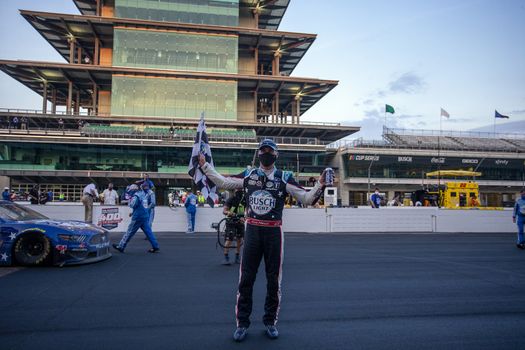 Kevin Harvick (4) celebrates his win for the Big Machine Hand Sanitizer 400 Powered by Big Machine Records at Indianapolis Motor Speedway in Indianapolis, .