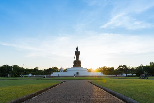 Editorial: Nakon Pathom, Thailand, 9 April 2017. Buddhamonthon is place for Buddhist Dharma with blue sky and sunset in Nakon Pathom Thailand.