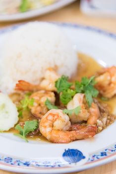 Fried Shrimps with Garlic and Pepper Served with Rice.