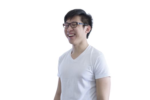 Asian handsome man with white shirt and orange eyeglasses has laughing and very happy  smile  isolated on white background.