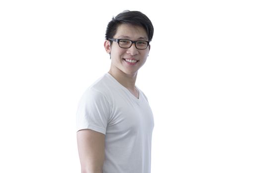 Asian handsome man with white shirt and orange eyeglasses has side standing laughing and very happy  smile  isolated on white background.