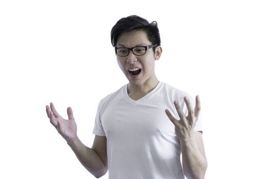 Asian handsome man with white shirt and orange eyeglasses has angry and upset isolated on white background and clipping paths.
