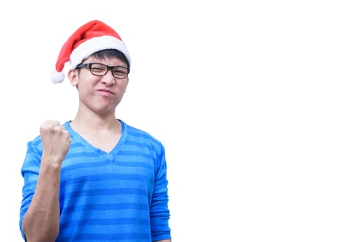 Asian Santa Claus man with eyeglasses and blue shirt has very happy isolated on white background with copy space.
