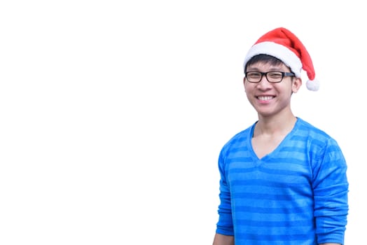 Asian Santa Claus man with eyeglasses and blue shirt has very happy isolated on white background with copy space.