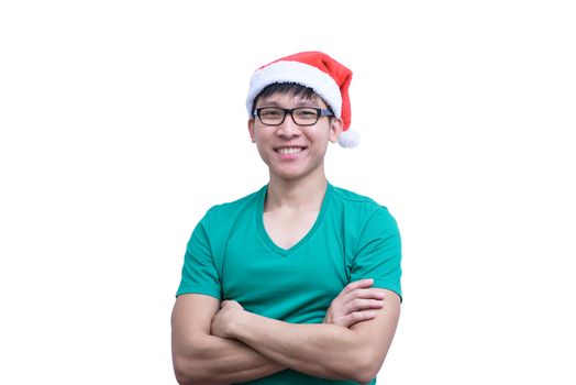 Asian Santa Claus man with eyeglasses and green shirt has very happy isolated on white background with copy space.