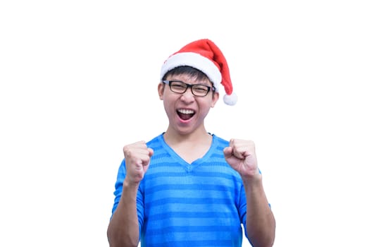 Asian Santa Claus man with eyeglasses and blue shirt has very happy isolated on white background with copy space.