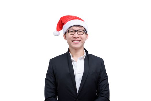 Business man has happy and smiling with Christmas festival themes isolated on white background.