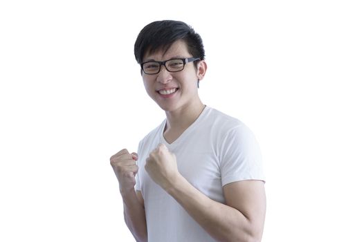 Asian handsome man with white shirt and orange eyeglasses has feeling like a winner and successful on goal isolated on white background.