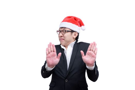 Business man has shocking and surprised with Christmas festival themes isolated on white background.