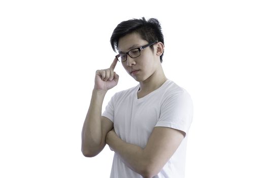 Asian handsome man with white shirt and orange eyeglasses has seriuosly thinking for new idea and success isolated on white background and clipping paths.