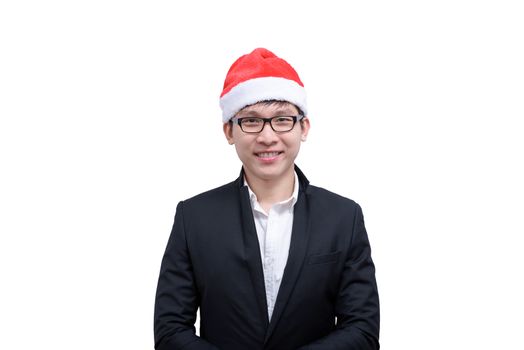 Business man has happy and smiling with Christmas festival themes isolated on white background.