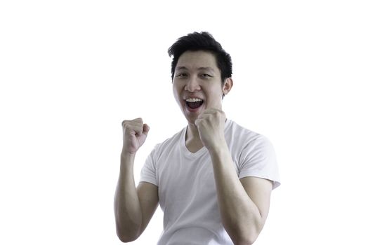 Asian handsome man with white shirt and orange eyeglasses has feeling like a winner and successful on goal isolated on white background and clipping paths.