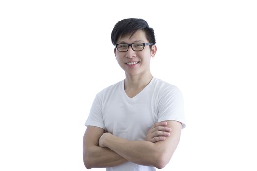 Asian handsome man with white shirt and orange eyeglasses has arms crossed and happy  smile  isolated on white background.