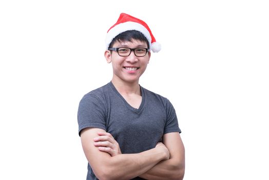 Asian Santa Claus man with eyeglasses and grey shirt has very happy isolated on white background with copy space.