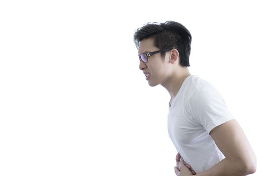 Asian handsome man with white shirt and orange eyeglasses has painful with stomachache isolated on white background.