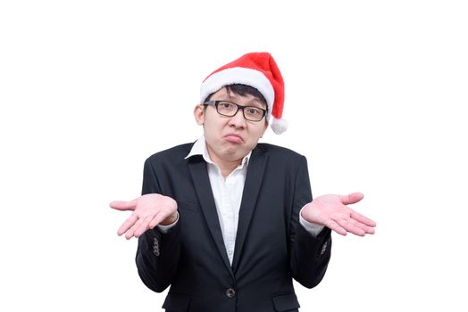 Business man has unknowing with Christmas festival themes isolated on white background.