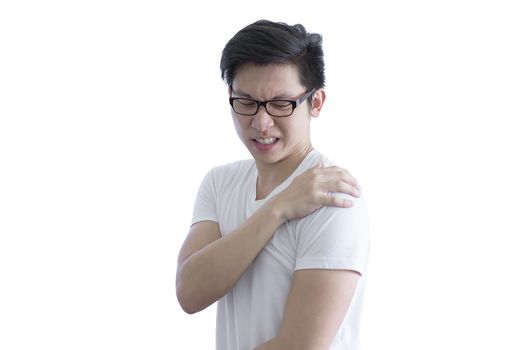 Asian handsome man with white shirt and orange eyeglasses has painful with shoulder ache isolated on white background and clipping paths.