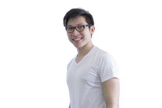 Asian handsome man with white shirt and orange eyeglasses has side standing laughing and very happy  smile  isolated on white background.