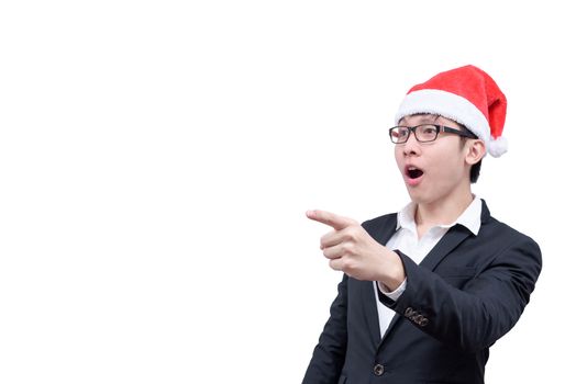 Business man has shocking and surprised with Christmas festival themes isolated on white background.