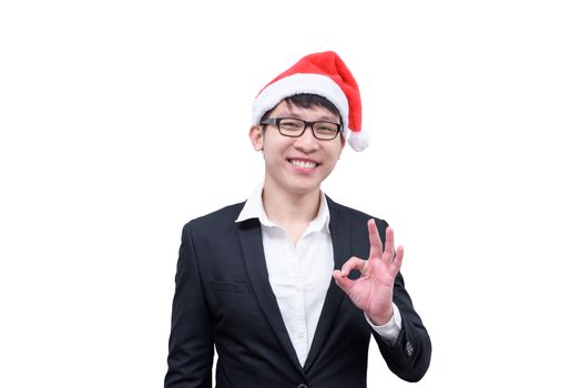 Business man has okay with Christmas festival themes isolated on white background.