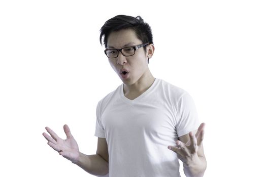 Asian handsome man with white shirt and orange eyeglasses has angry and upset isolated on white background and clipping paths.