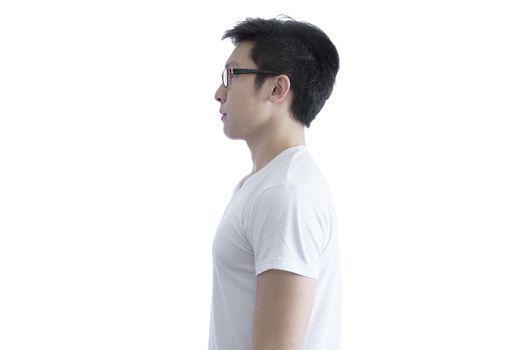 Asian handsome man with white shirt and orange eyeglasses has side standing with seriuosly thinking isolated on white background.