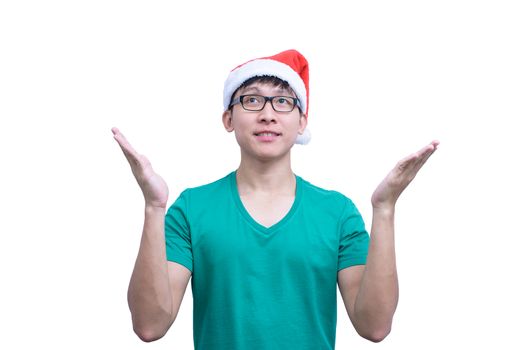 Asian Santa Claus man with eyeglasses and green shirt has plead and appeal for luck isolated on white background with copy space.