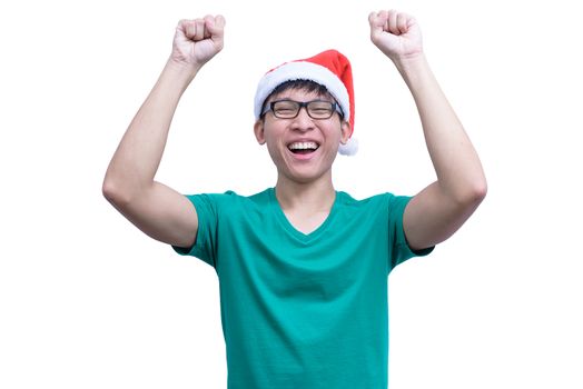 Asian Santa Claus man with eyeglasses and green shirt has very happy isolated on white background with copy space.