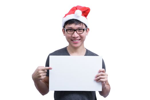 Asian Santa Claus man with eyeglasses and grey shirt has holding a white blank advertisement banner isolated on white background with copy space.