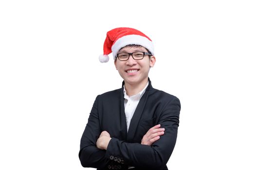 Business man has happy and smiling with Christmas festival themes isolated on white background.