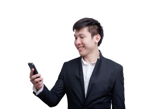 Asia businessman has holding a phone for working with smile and happy isolated on white background.