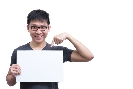 Asian man with eyeglasses and grey shirt has holding a white blank advertisement banner isolated on white background with copy space.