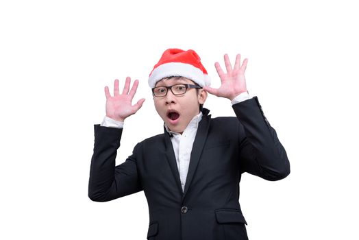 Business man has shocking and surprised with Christmas festival themes isolated on white background.