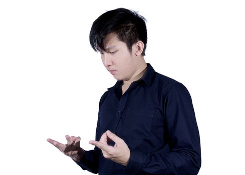 Business man with navy blue shirt has counting number with finger with hard work. Business man isolated on white background.