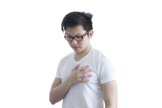 Asian handsome man with white shirt and orange eyeglasses has painful with heart ache isolated on white background.