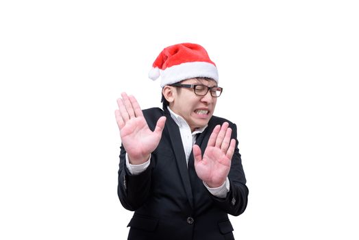 Business man has shocking and surprised with Christmas festival themes isolated on white background.