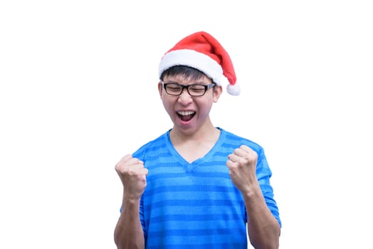 Asian Santa Claus man with eyeglasses and blue shirt has very happy isolated on white background with copy space.