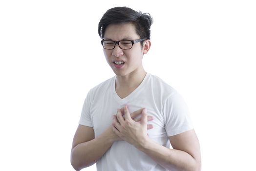 Asian handsome man with white shirt and orange eyeglasses has painful with heart ache isolated on white background.