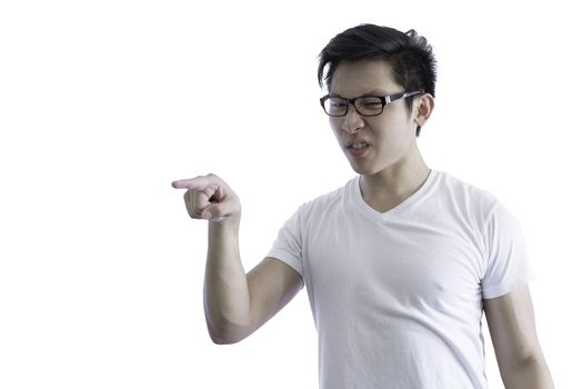 Asian handsome man with white shirt and orange eyeglasses has angry and upset isolated on white background and clipping paths.