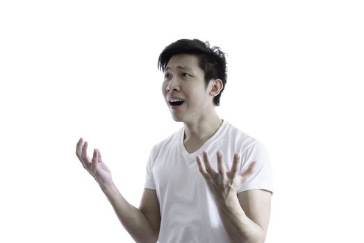 Asian handsome man with white shirt has feeling like a really surprise and shock isolated on white background and clipping paths.