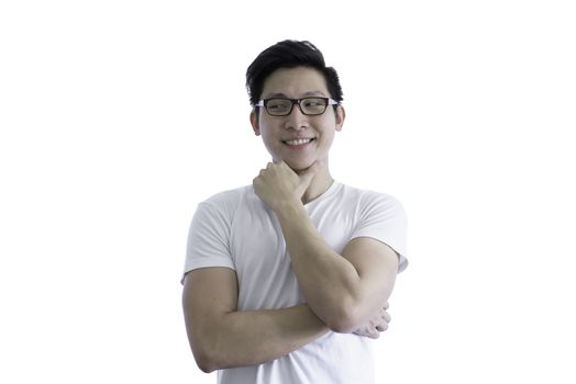 Asian handsome man with white shirt and orange eyeglasses has seriuosly thinking for new idea and success isolated on white background and clipping paths.