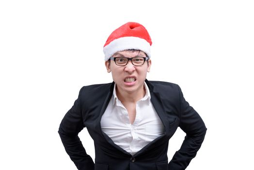 Business man has angry and upset with Christmas festival themes isolated on white background.